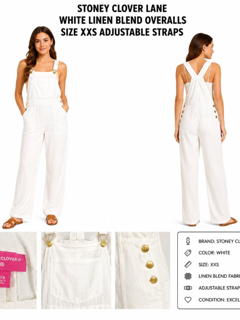 STONEY CLOVER LANE WHITE LINEN BLEND OVERALLS SIZE XXS ADJUSTABLE STRAPS